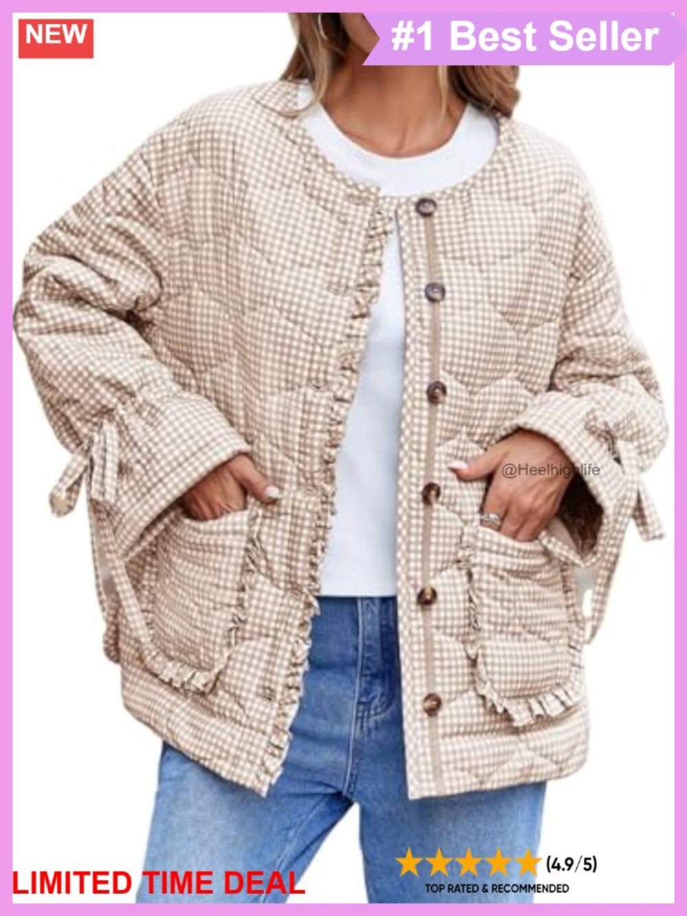 Tankaneo Quilted Puffer Jacket Plaid Button Down Bow Lightweight Coat